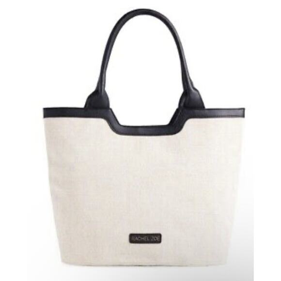 NWT Rachel Zoe Natural Cream with Black Leather Tote Bag Top Handle Purse - Picture 1 of 6